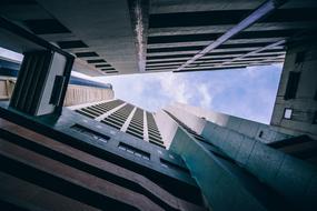 Low angle shot of the buildings, in light, under the blue sky with white clouds