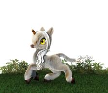 fluffy unicorn walks through the grass