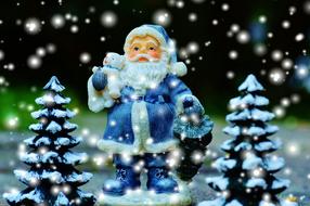 Christmas santa in a blue suit and snow