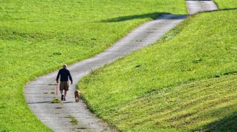 man with dog on a walk on a country road