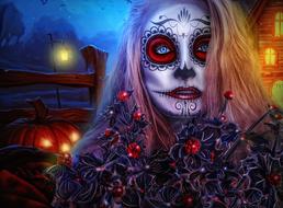 Colorful clipart with the girl in All Saint's Day make-up among the decorations, near the house, with the lights, on the Halloween, clipart