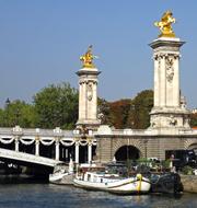 boats on river near Columns of alexandre III Bridge, france, Paris