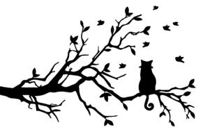 black silhouettes of a cat on a tree