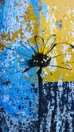 black blot on the yellow-blue wall