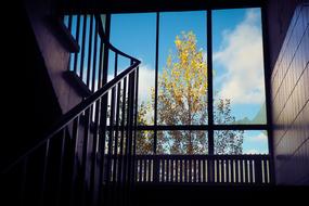 dark staircase with large window