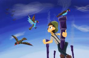 cartoon character on chimney and birds drawing
