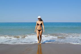 young Woman in bikini standing on surf line at sea