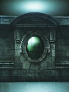 painted round green window in the castle wall