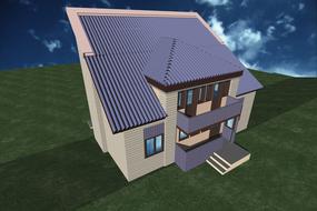 Beautiful 3d house model on the green grass at blue sky with white clouds