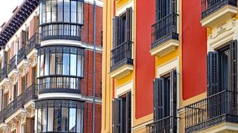 Building with balconies on corner, Spain, Madrid