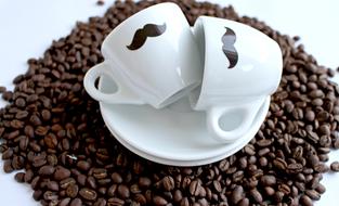 funny mugs on coffee beans