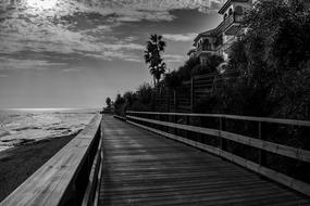 wooden Walk path with railing along seaside, Black And White