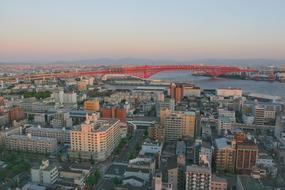 Panorama of the bridge and roofs of urban buildings in Osaka, Japan