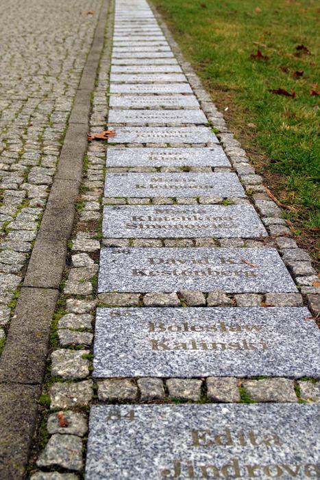 names on pavement, Jews Holocaust Monument on the alley