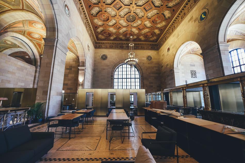 long tables with chairs in historical interior