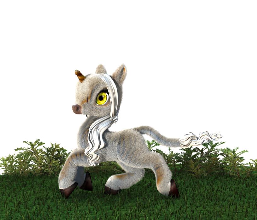 fluffy unicorn walks through the grass