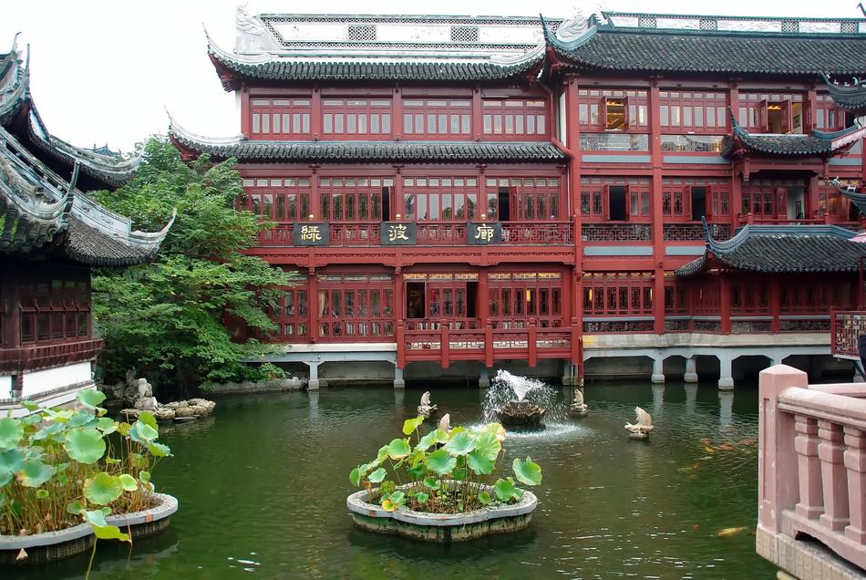 Beautiful and colorful Mansion Yu with the pond and garden in Shanghai, China
