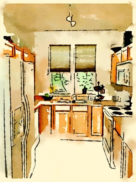 Beautiful and colorful watercolor drawing of the kitchen in the house