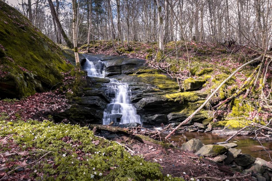 Waterfall descending a rocky slope