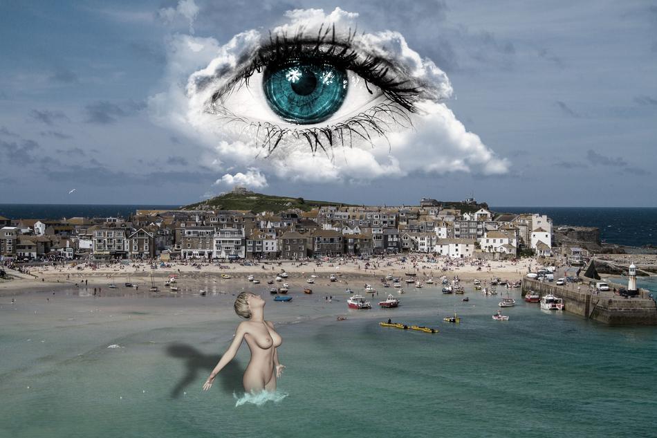 eye surreal sea woman cloud