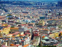 Beautiful cityscape of the city with colorful buildings, from the top