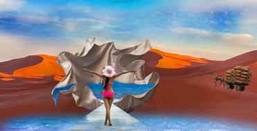 girl in a bikini and a bath in a sheet in the desert