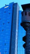 Shiny facade of the blue Maritim hotel, in Ulm, Germany