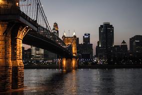 brooklyn Bridge in view of downtown at night, usa, nyc