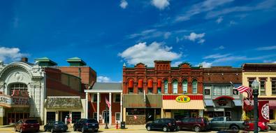 Colorful and beautiful buildings, at blue sky with white clouds, in Baraboo, Wisconsin, USA