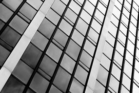 monochrome photo of the glass facade of a skyscraper