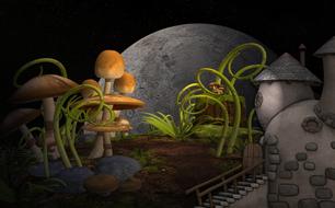 digital art, fantasy, mushrooms and tiny houses