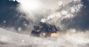 house in winter fantasy landscape