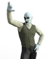 Elf in the suit, with the raised hand, at white background, clipart