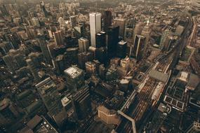 monochrome photo of skyscrapers aerial view