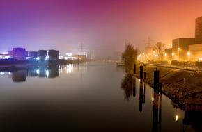 Beautiful landscape of the river bay with colorful lights, at the night