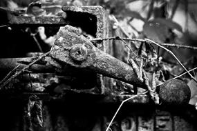 Black and white photo, with the close-up of the old construction on the factory