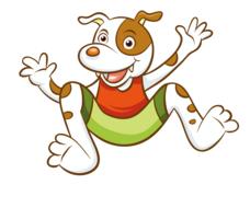 cartoon puppy in red t-shirt and green shorts