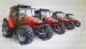 Painting of the row of red and black tractors, clipart