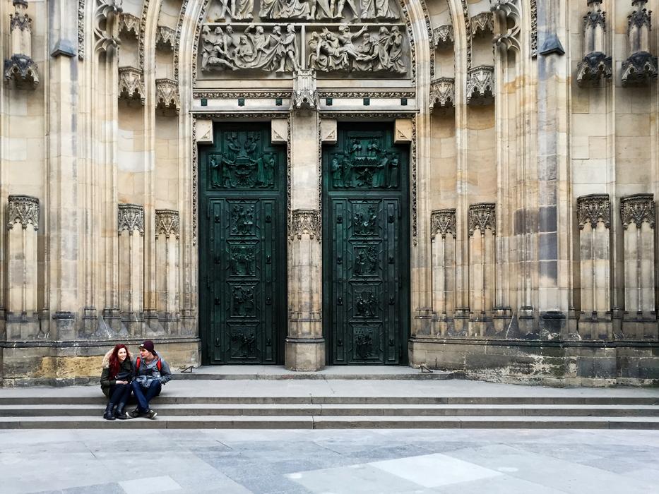Beautiful doors of the building with columns