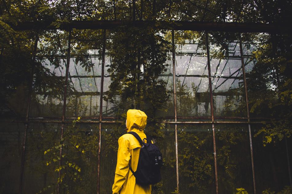 Man in the yellow raincoat, with the backpack, near the fence, among the colorful plants