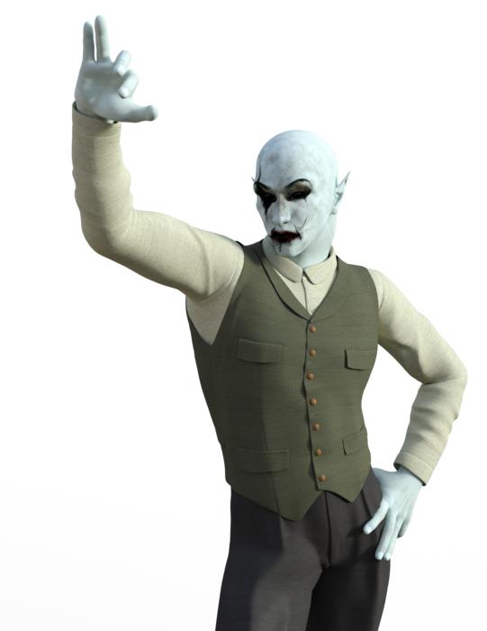 Elf in the suit, with the raised hand, at white background, clipart