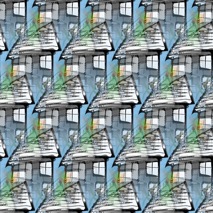 seamless blue background, tiled huts, drawing