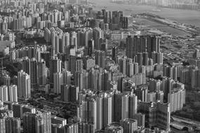 black and white panorama of skyscrapers in the city