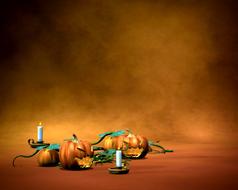 Orange pumpkins with the green leaves, among the burning candles, at orange and black background, clipart