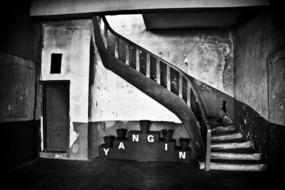 Black and white photo of the old stairs in the castle in Sinop, Turkey