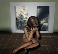 child girl holding hands at face sits on floor indoor, 3d render