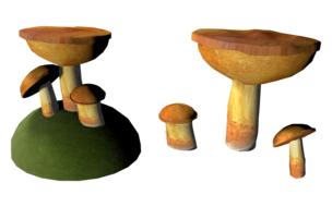 brown mushrooms on green moss, render