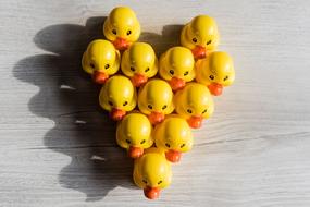 group of yellow toy ducklings in heart shape