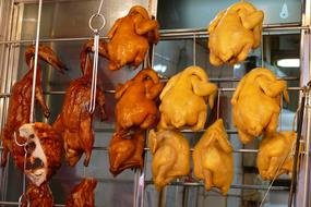 grilled poultry, ducks and chicken on Market Stall, china, macau