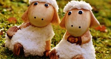 Ceramic garden decoration of two funny Sheep